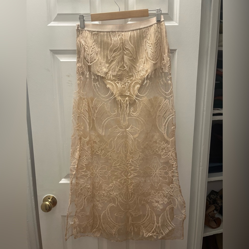 Anthropologie Sheer Embroidered Cream Midi Skirt - Picture 7 of 12